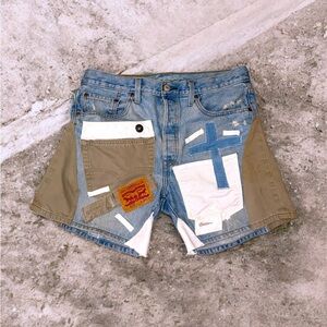 Men's Patchwork Denim Shorts with Blue and Tan Accents